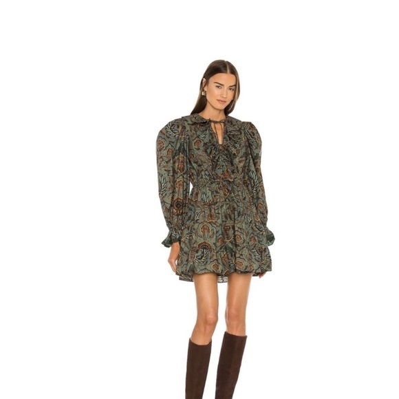 Ulla Johnson Caris Red and Brown Cocktail Dress with Bishop Sleeves SZ 2 - Picture 5 of 16